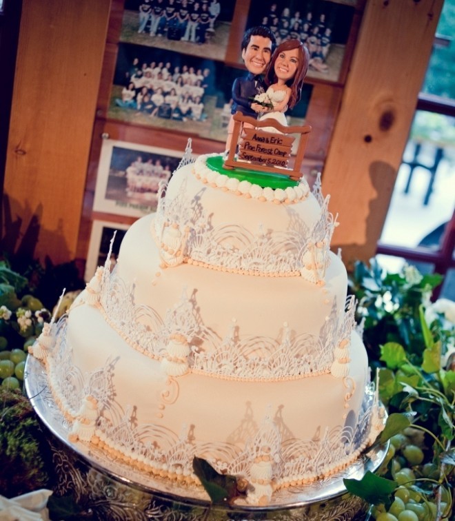 traditional wedding cake with elegant string work and a whimsical topper