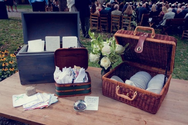 Vintage Hankies Kippot and Program Table Camp Wedding Evantine Love Shack-c