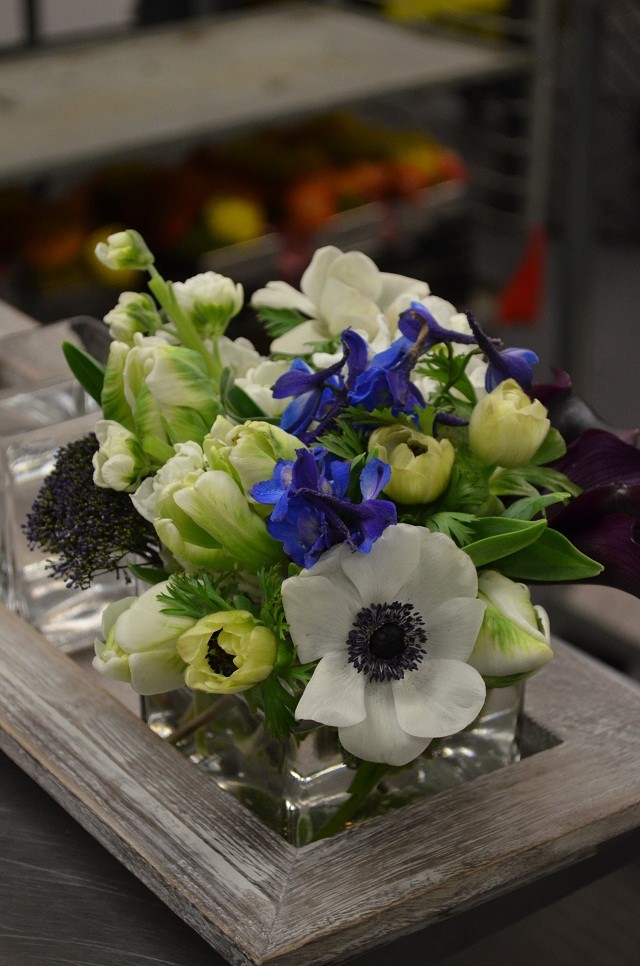 Modern Spring Centerpieces, Evantine Design, Blue and White Flowers