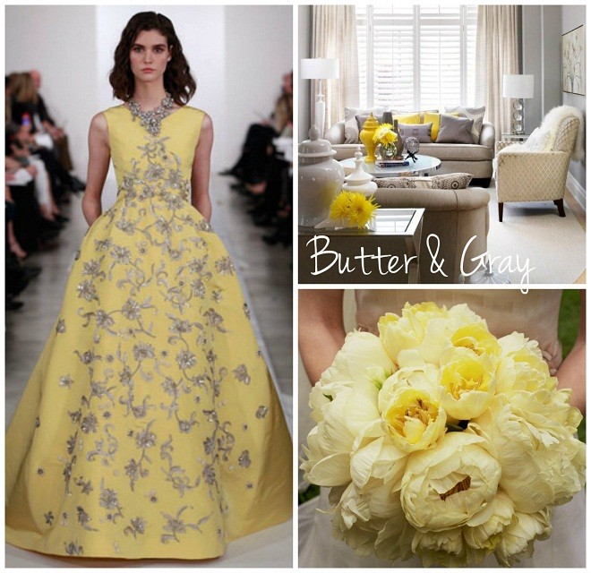 butter and gray oscar de la renta gown yellow peony bridal bouquet