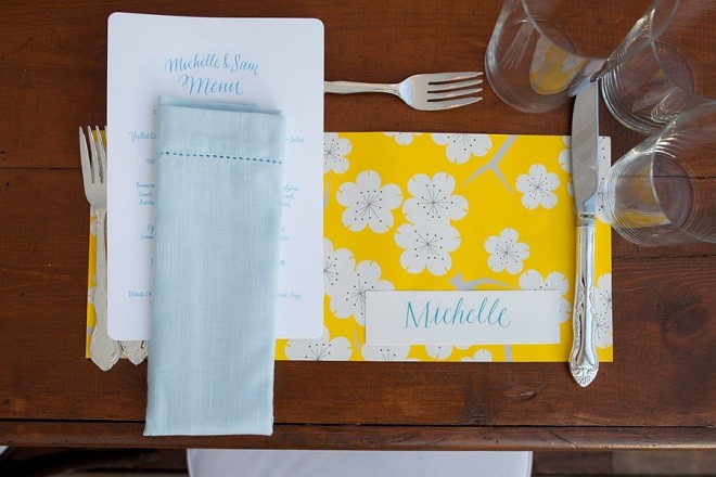 lemon yellow wedding inspiration paper placemats evantine design