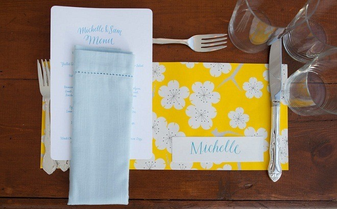 lemon yellow wedding inspiration paper placemats evantine design