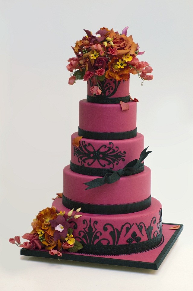 Hot pink and black wedding cake by ron ben-israel