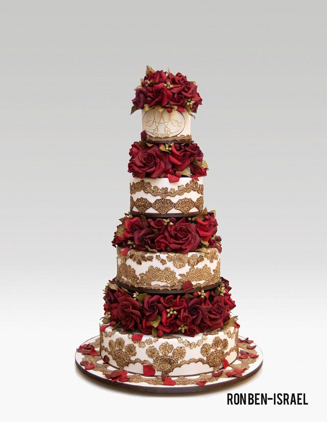 red and gold wedding cake by ron ben-israel