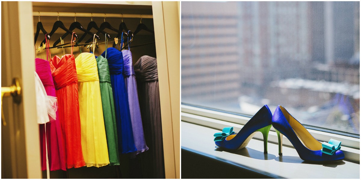 colorful bridesmaids dresses blue wedding shoes evantine design love shack