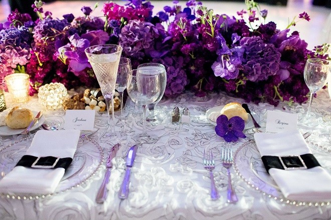 purple head table evantine design wedding flowers