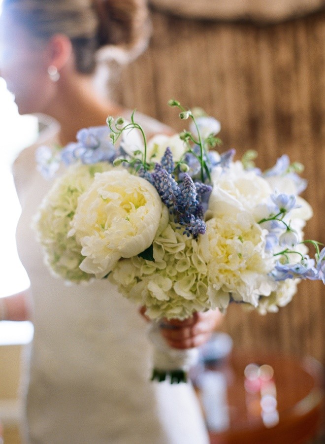 blue and white bridal bouquet white peonies muscari delphinium evantine design