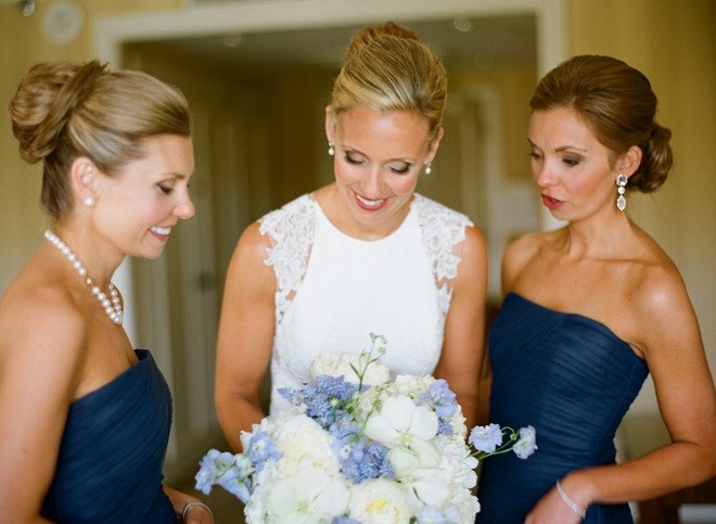 blue bridesmaids dresses blue and white bouquet evantine design weddings liz banfield