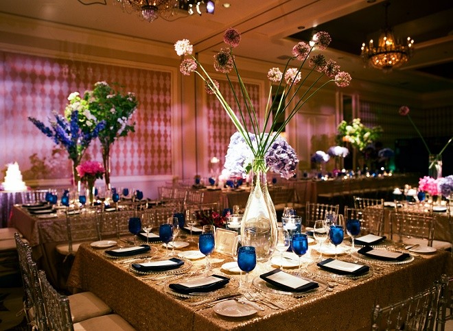 modern ballroom wedding decor blue and purple flowers evantine design philly weddings