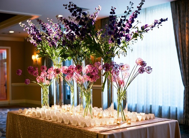 purple and blue floral centerpieces place card tables evantine design philly florists liz banfield