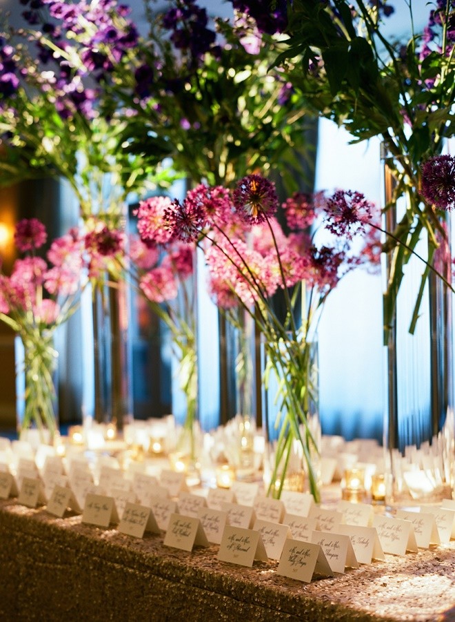 purple and blue wedding flowers place card tables evantine design philly florists liz banfield