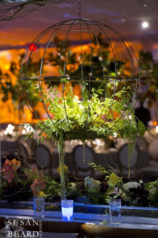 Floral Spheres on the rectangular dinner tables. Evantine Design.