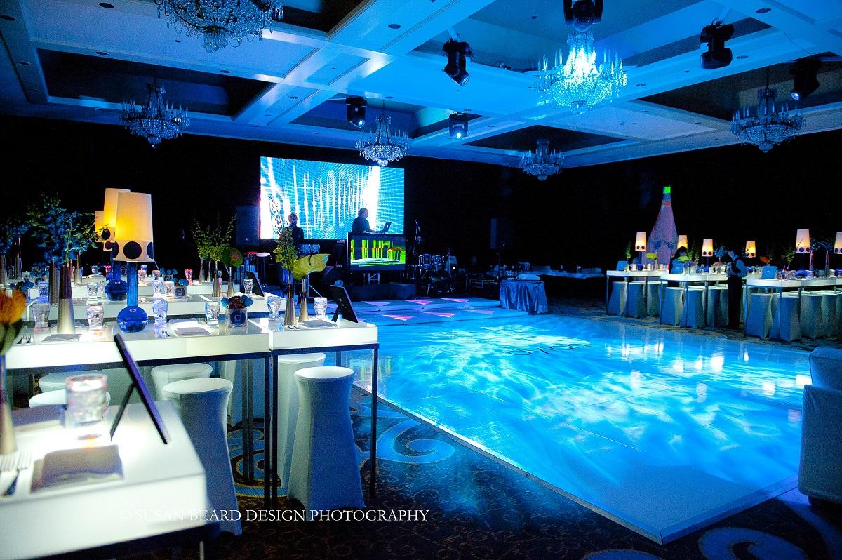 large white dance floors philly mitzvahs blue lighting digital screens for mitzvahs evantine design