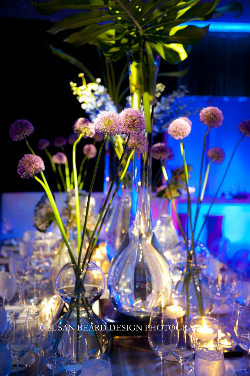 purple and blue flowers for boy party centerpieces metal vases modern white dance floors evantine design