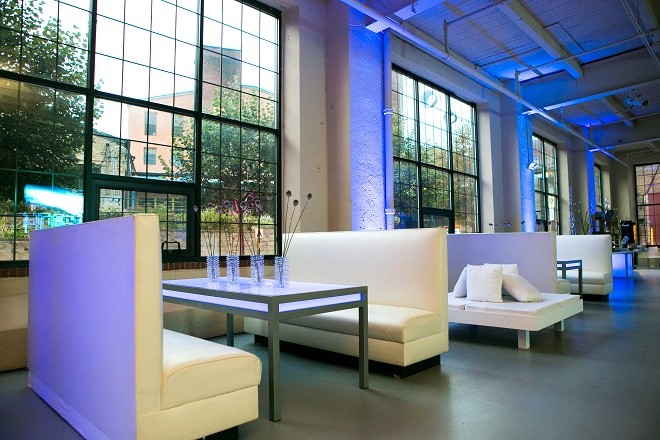 modern white lounge mitzvah with raw wood blue lighting evantine design moulin loft space philadelphia 13