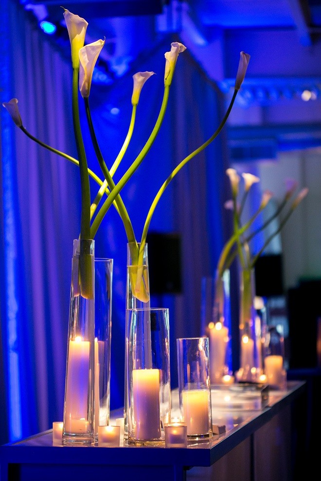 modern white lounge mitzvah with raw wood blue lighting evantine design moulin loft space philadelphia 24 calla lilies
