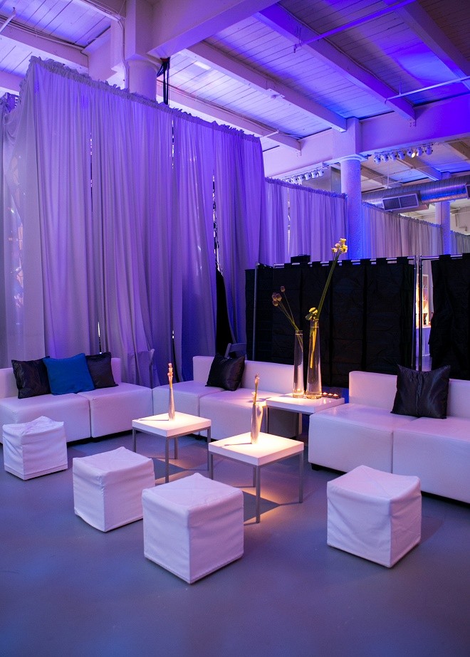 modern white lounge mitzvah with raw wood blue lighting evantine design moulin loft space philadelphia 7