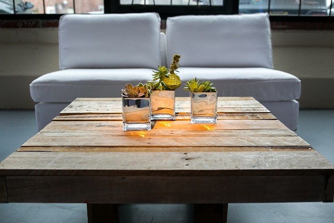 modern white lounge mitzvah with raw wood blue lighting evantine design moulin loft space philadelphia natural floral design