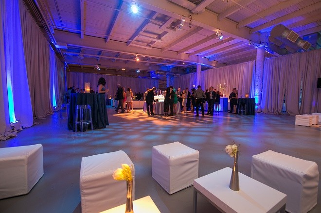modern white lounge mitzvah with raw wood blue lighting evantine designn moulin loft space philadelphia 10