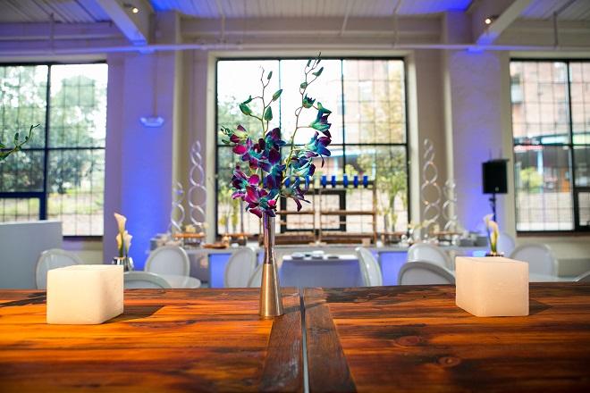 modern white lounge mitzvah with raw wood blue lighting evantine designn moulin loft space philadelphia 16 blue orchids