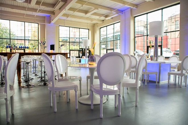 modern white lounge mitzvah with raw wood blue lighting evantine designn moulin loft space philadelphia 29