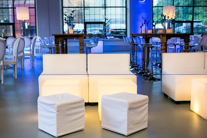 modern white lounge mitzvah with raw wood blue lighting evantine designn moulin loft space philadelphia 8