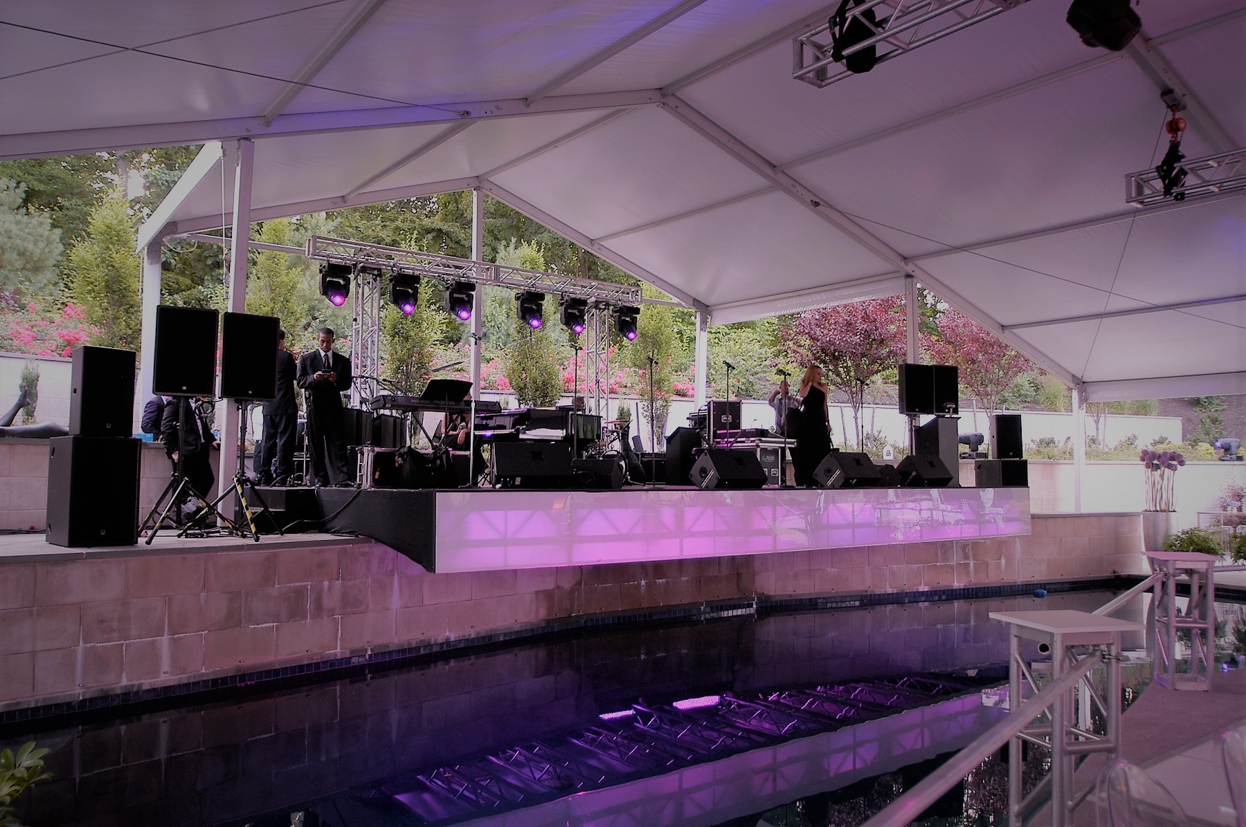 Cantilevered Stage Over Waterfall Pool Backyard Parties Anniversary Celebrations