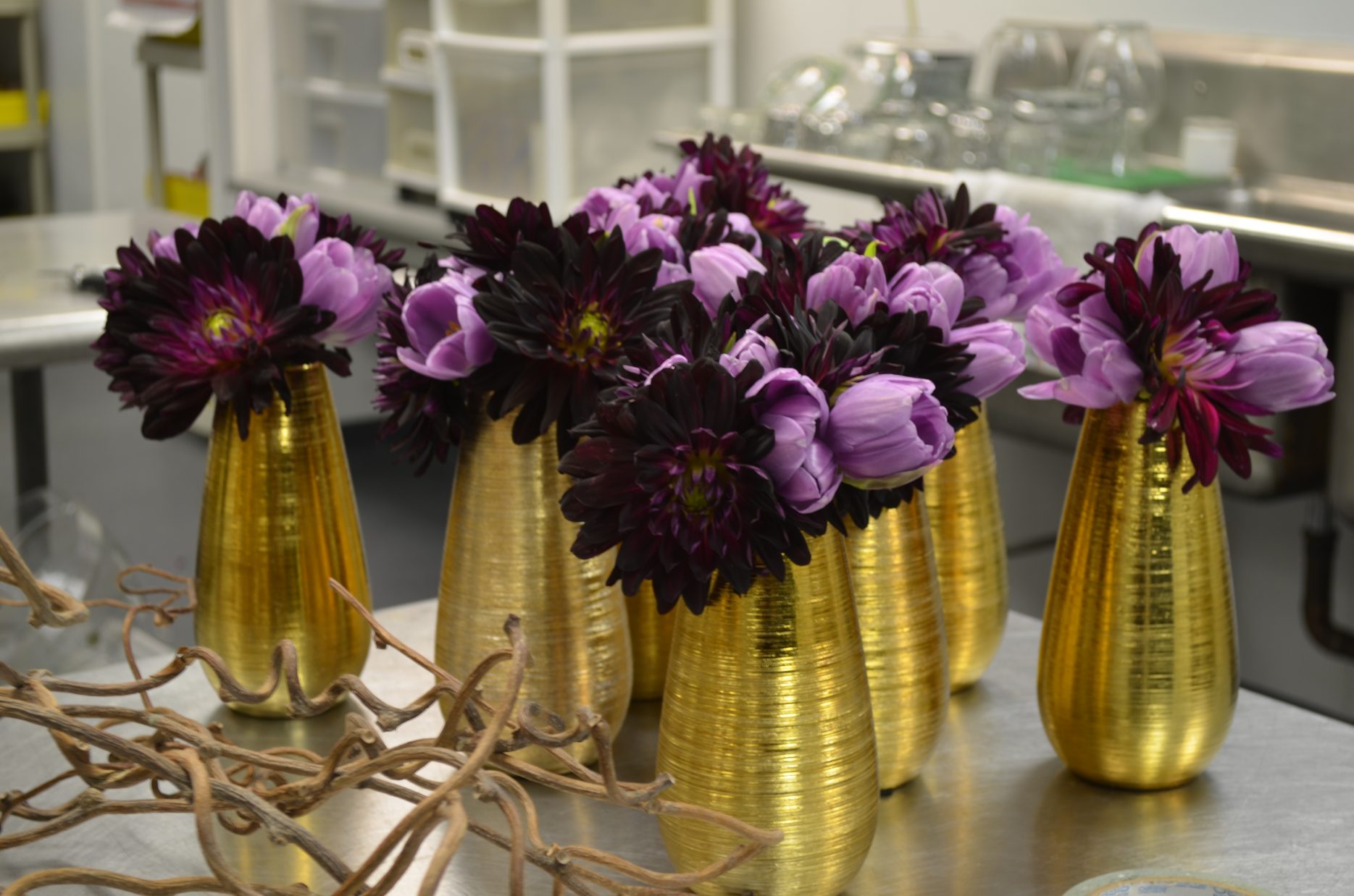 Gold Vases with Purple Flowers Evantine Design Floral Studio for Weddings Philadelphia