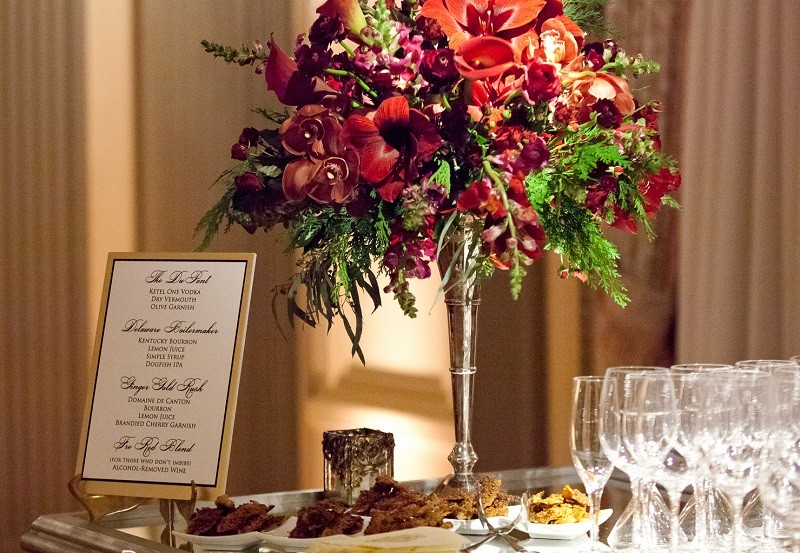 Bar Flowers Luxury Weddings Red Flowers Silver Vases Bar Design Evantine Design Philadelphia