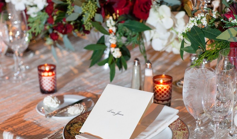 Christmas Wedding Inspiration White Red and Gold Centerpieces Traditional Ballroom Weddings Evantine Design