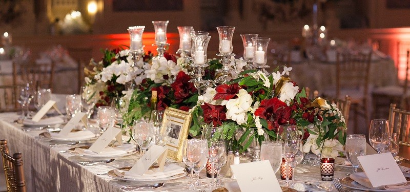 Holiday Weddings Winter Wedding Inspiration Red Amaryllis Ballroom Centerpieces Evantine Design Floral Design
