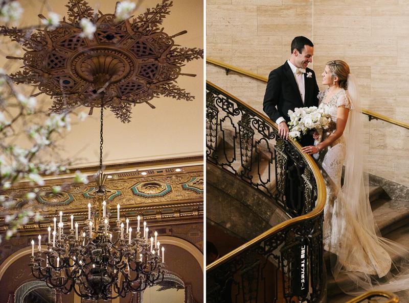 hotel dupont winter wedding evantine design wedding planner gold and red wedding design formal bridal photos on staircases